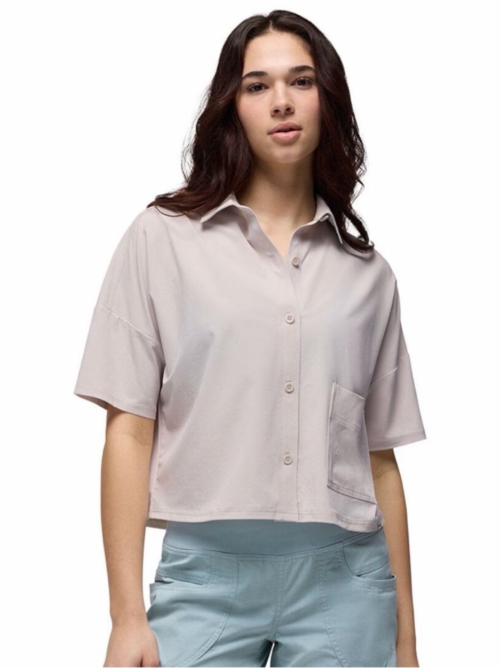 Prana Railay Cropped Button Down Shirt Almond Sz S UPF 50+ Lightweight